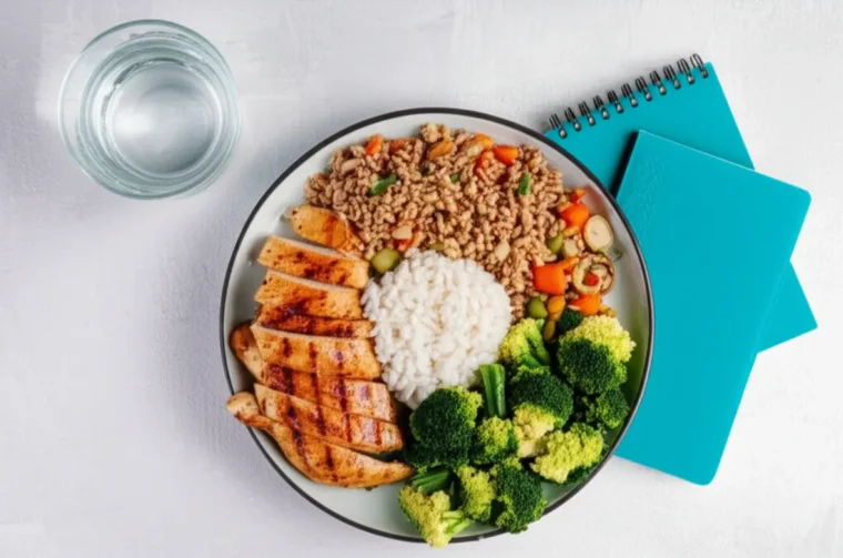 Mulher preparando tigela de salada proteica para dieta de definição muscular