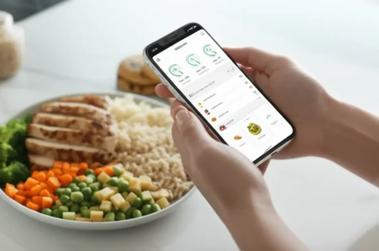 Mulher usando aplicativo de celular para calcular macros