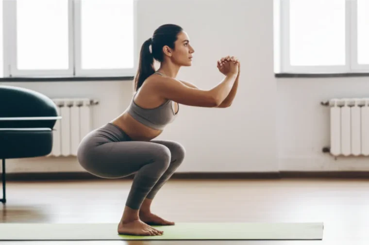 Como Começar a Treinar em Casa - Saúde e Beleza para Você! 1 Mulher agachando em casa: forma correta para iniciantes.