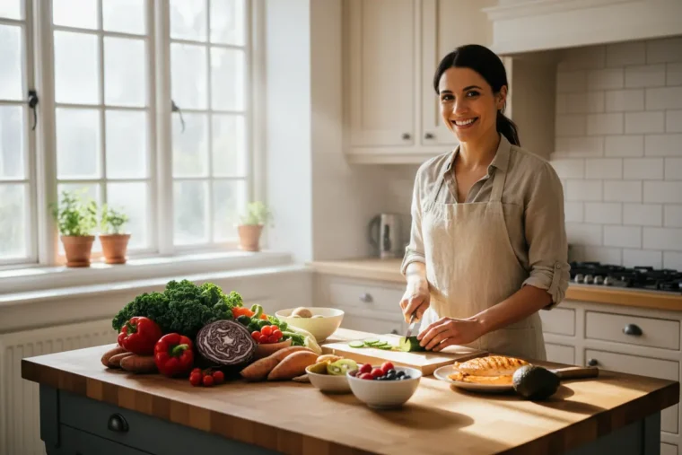 Mulher preparando refeição saudável na cozinha