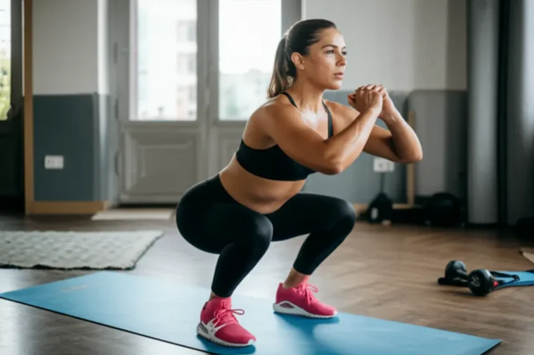 Adeus "falsa magra"! O treino em casa que transforma seu corpo 1 Mulher treinando força em casa para falsa magra.