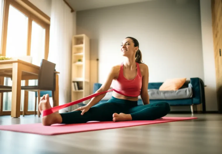 Mulher se exercitando com alegria e foco em casa.