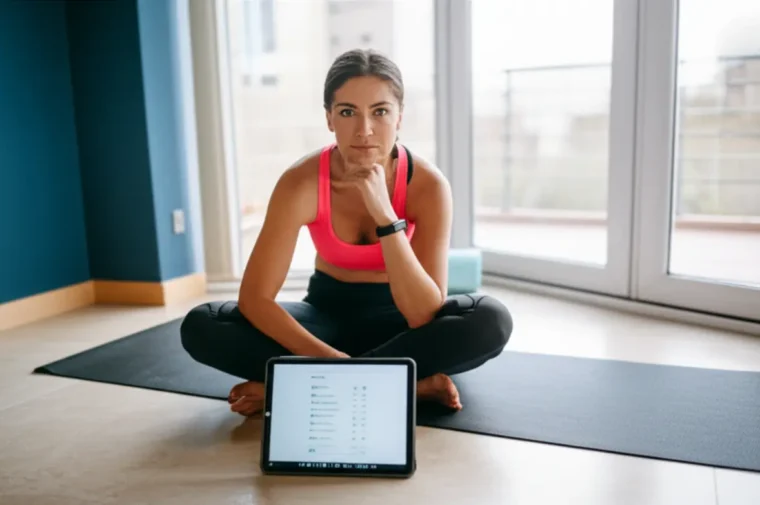 Mulher planejando rotina de treino em casa com anotações.