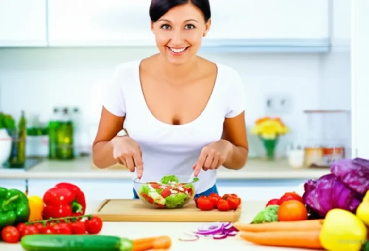 Barriga chapada em casa! 7 segredos para um corpo lindo e saudável 2 Mulher preparando uma salada saudável na cozinha