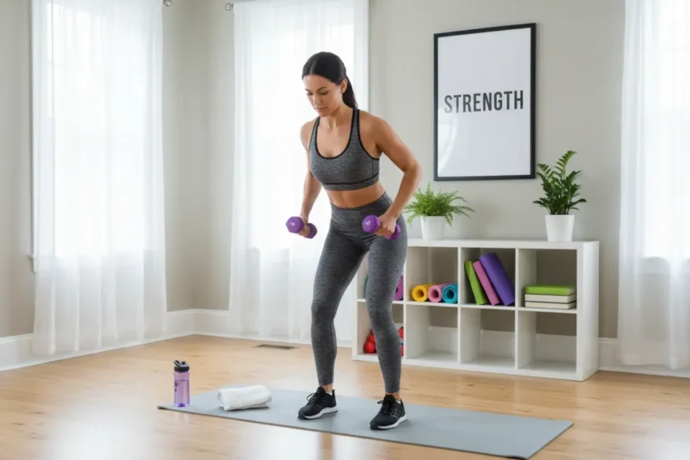 Costas Fortes e Definidas em Casa! O Treino Feminino Perfeito 1 Mulher fazendo remada curvada em casa com halteres.