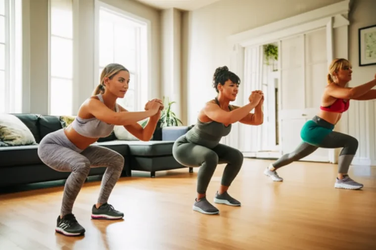 Mulheres fazendo exercícios básicos de treino de corpo inteiro.