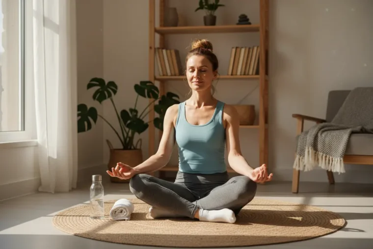 Mulher meditando após treino, foco e consistência