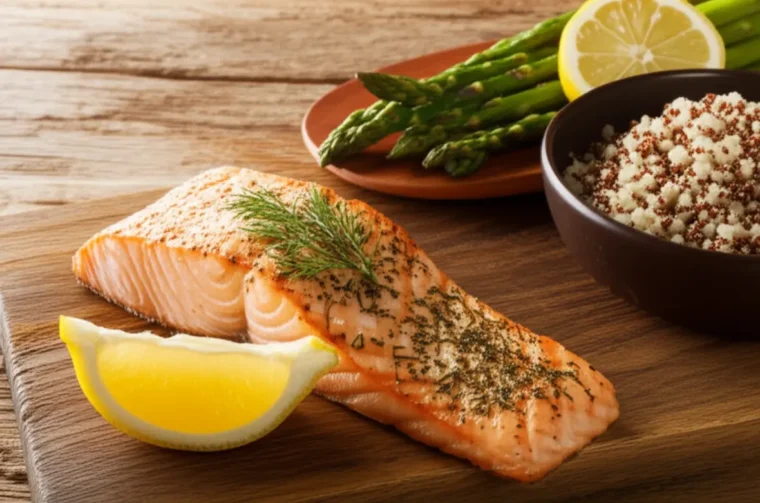 Salmão, quinoa e brócolis: refeição rica em proteína