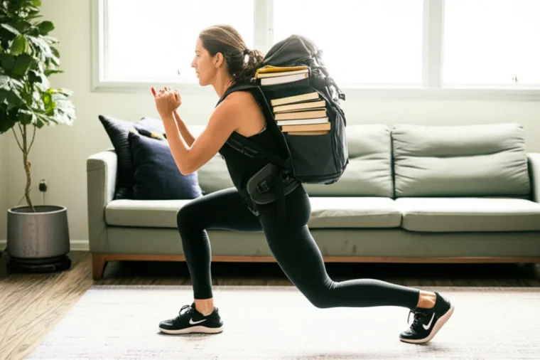 Circuito de treino de força em casa usando uma mochila pesada.