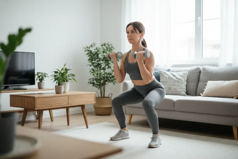 Mulher fazendo agachamento com halteres em casa