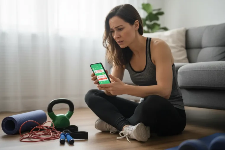 Frustração feminina por erros comuns no treino em casa