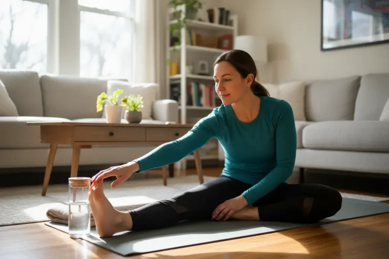 Treino de Quadríceps Para iniciantes em Casa! Guia Poderoso 1 Mulher alongando o corpo em casa antes de começar o treino de quadríceps.