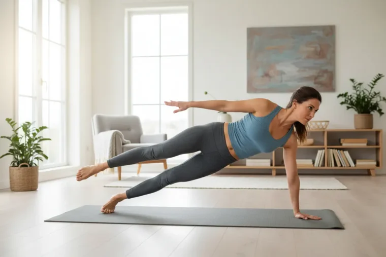 Mulher aquecendo o core em casa antes do treino