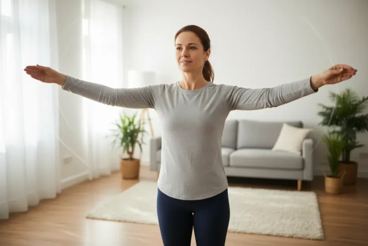 Exercícios para o "tchauzinho": Braços fortes e confiantes em casa! 1 Mulher aquecendo os braços em casa antes do treino.