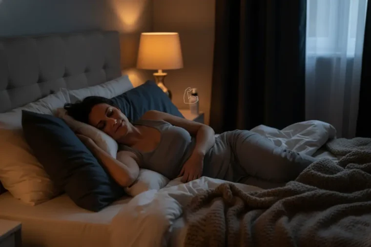 Mulher em sono profundo para recuperação muscular pós-treino.