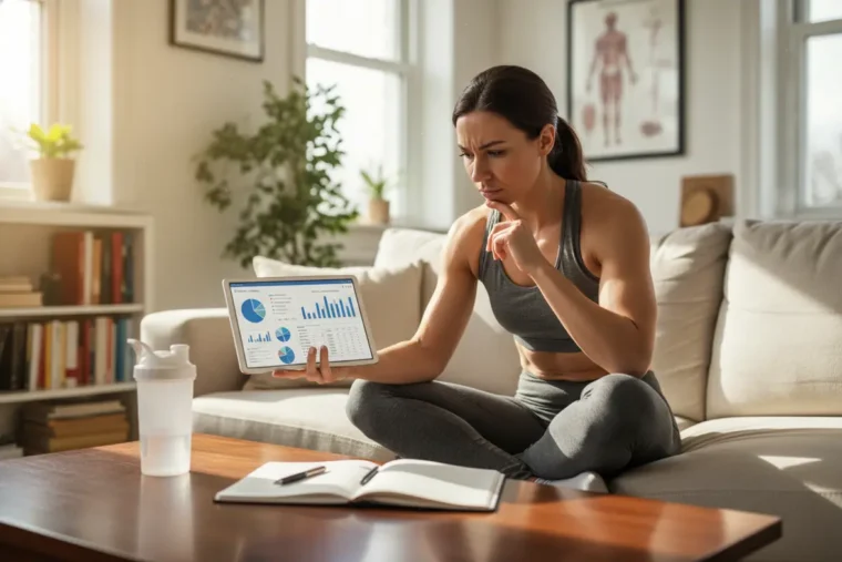 Mulher desmistificando suplementos e medos de ficar grande