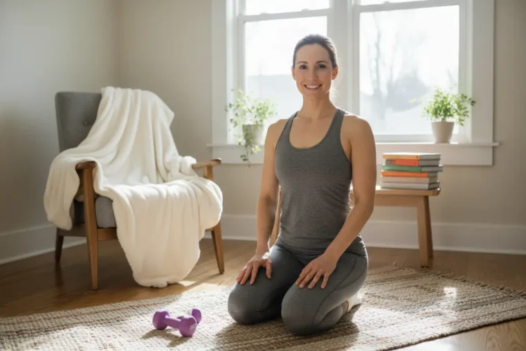 Mulher motivada treinando em casa com foco e disciplina