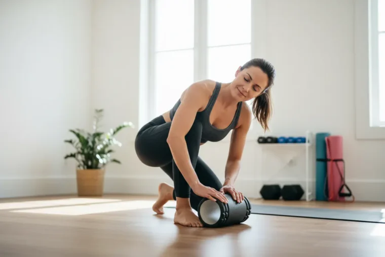Massagem com rolo de espuma alivia a dor muscular.