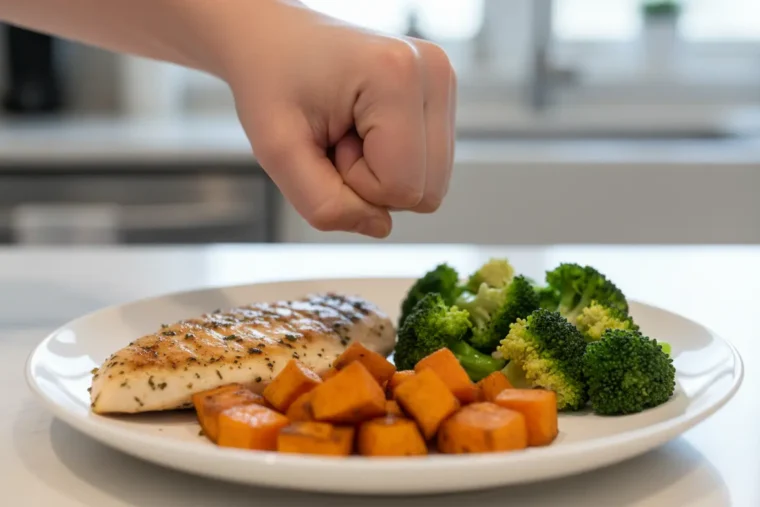Prato Saudável em Casa! Guia Fitness para Mente e Corpo Forte 1 Divisão visual das porções do prato com a mão para controle