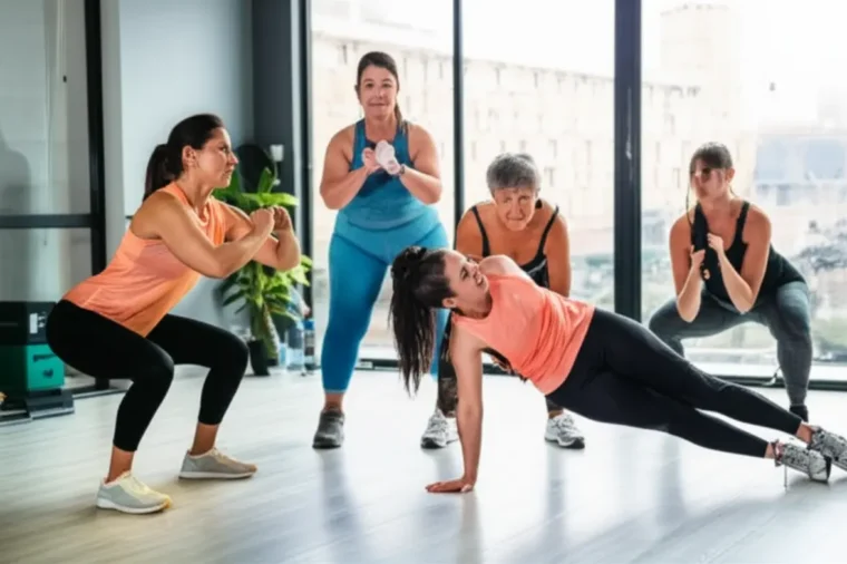 Mulheres em casa seguindo uma rotina de exercícios físicos