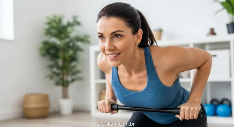 Foco e motivação no treino em casa Mulher focada e motivada treinando em casa