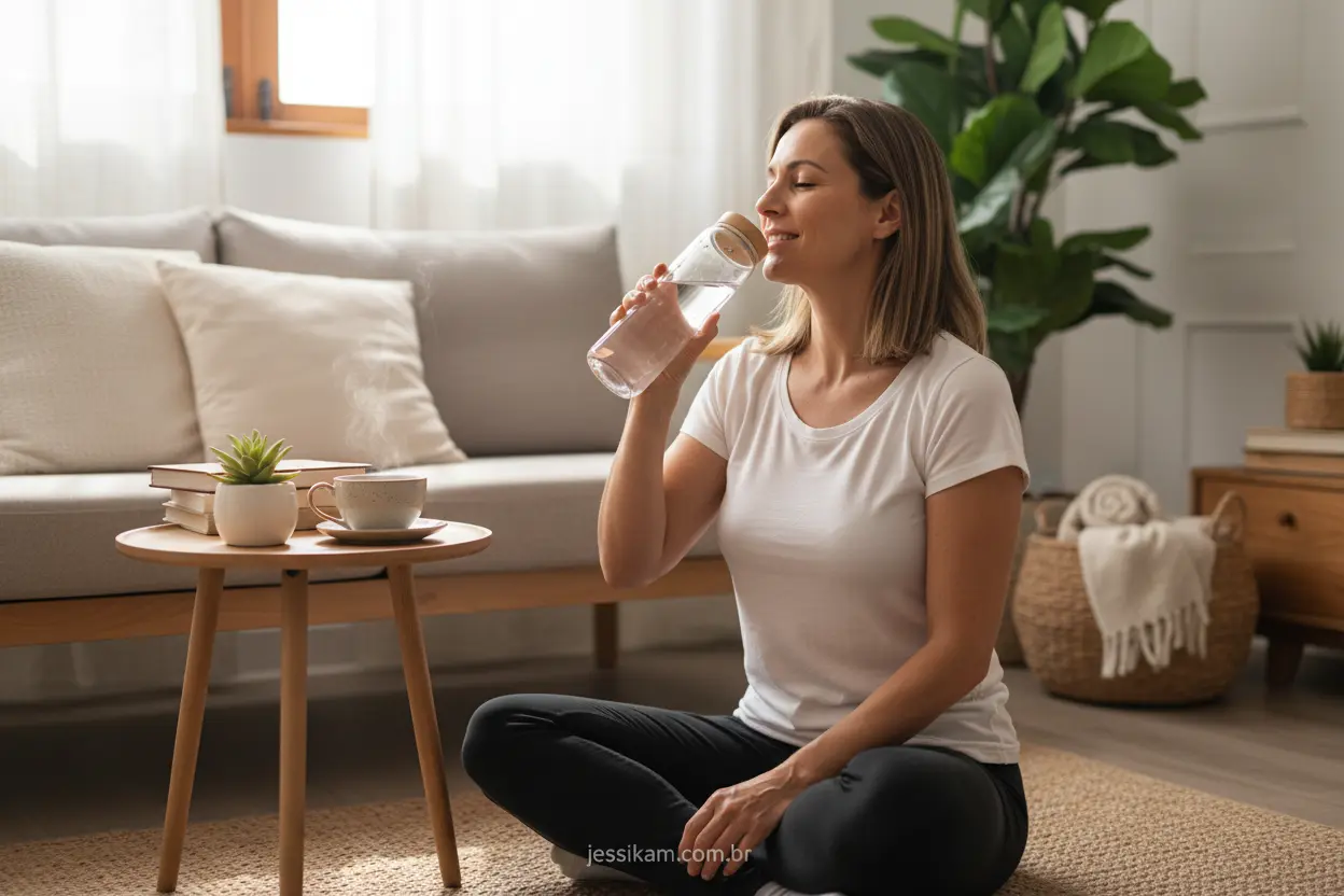 Hidratação para o corpo Mulher bebendo água para aliviar o inchaço