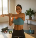 Mulher sorrindo, alongando-se em casa, melhor horário para treinar