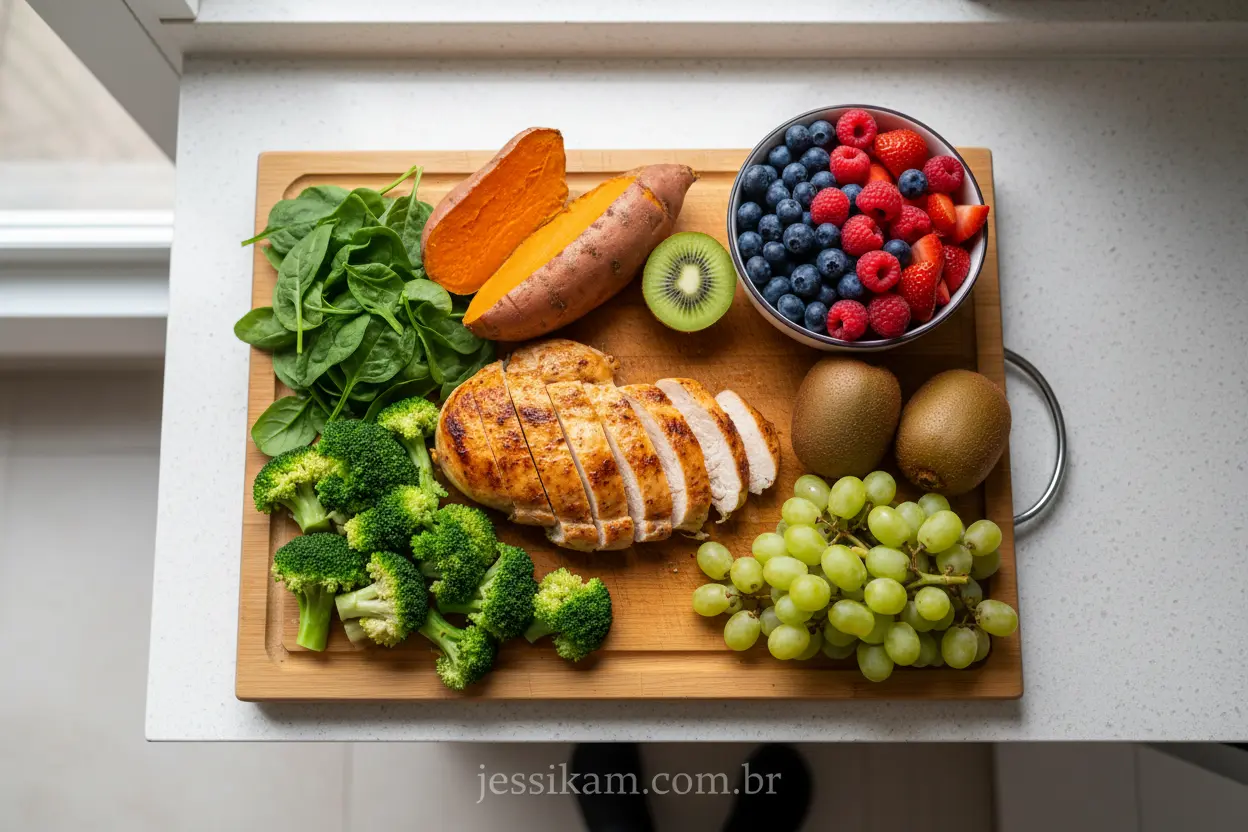 Mesa com alimentos saudáveis como frango, vegetais e frutas, representando dieta para bulking e cutting para mulheres.