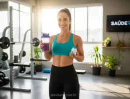 Mulher fitness com suplementos para iniciantes