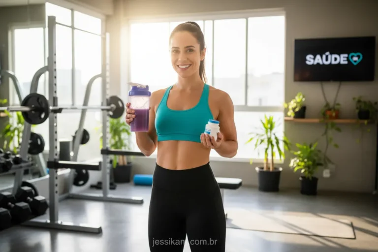 Mulher fitness com suplementos para iniciantes