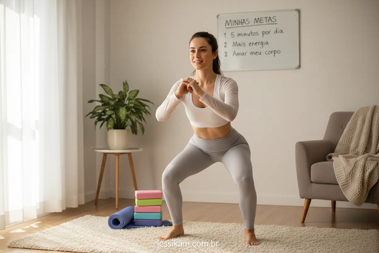 Mulher alongando em casa, começando a treinar devagar
