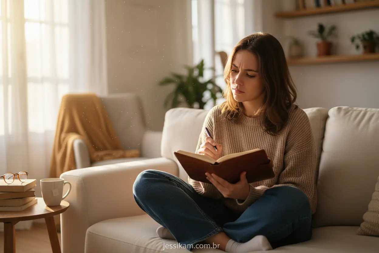 Mulher escrevendo em diário para identificar gatilhos da compulsão.