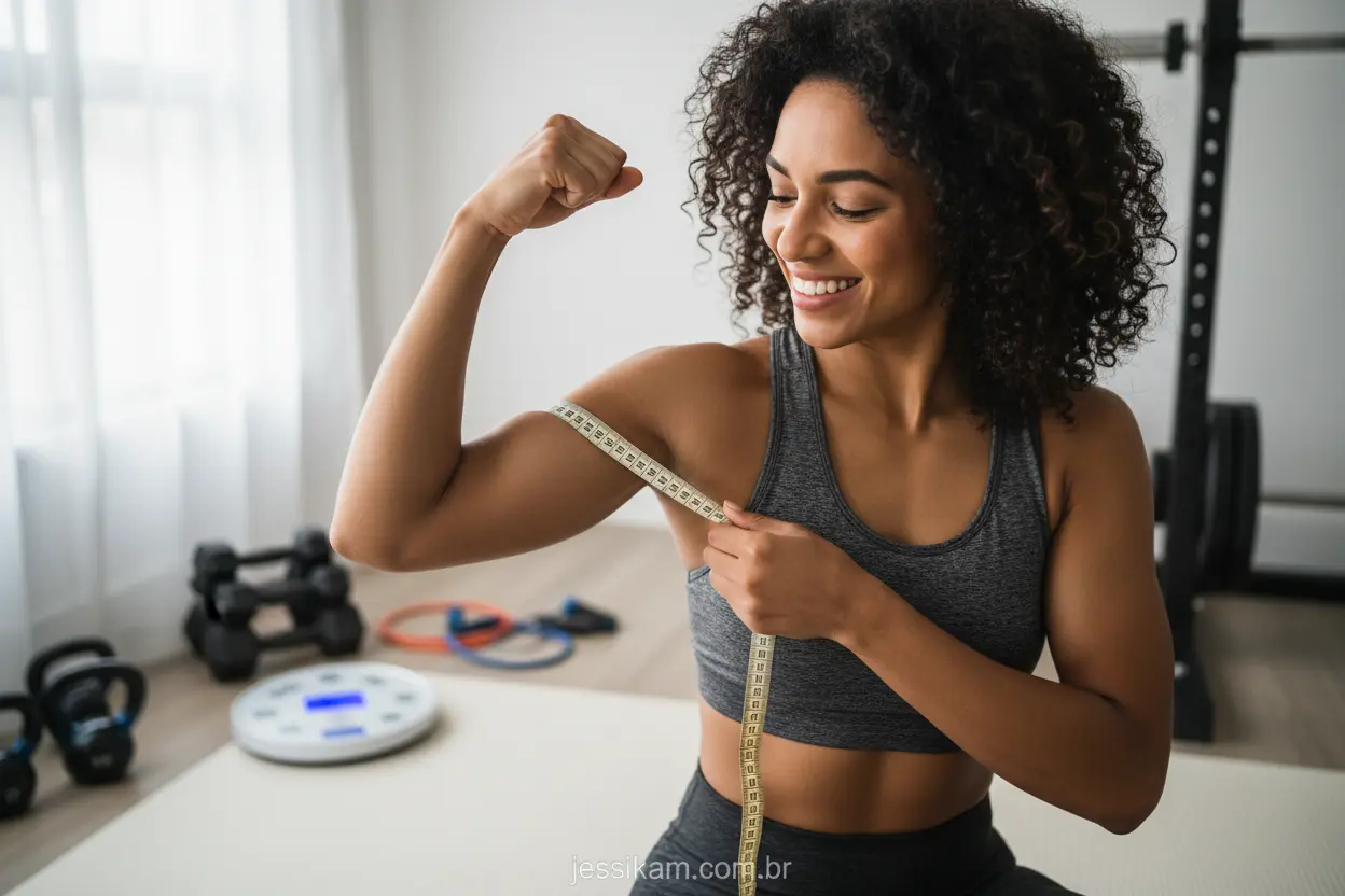 Mulher medindo o braço com fita métrica, ignorando a balança.