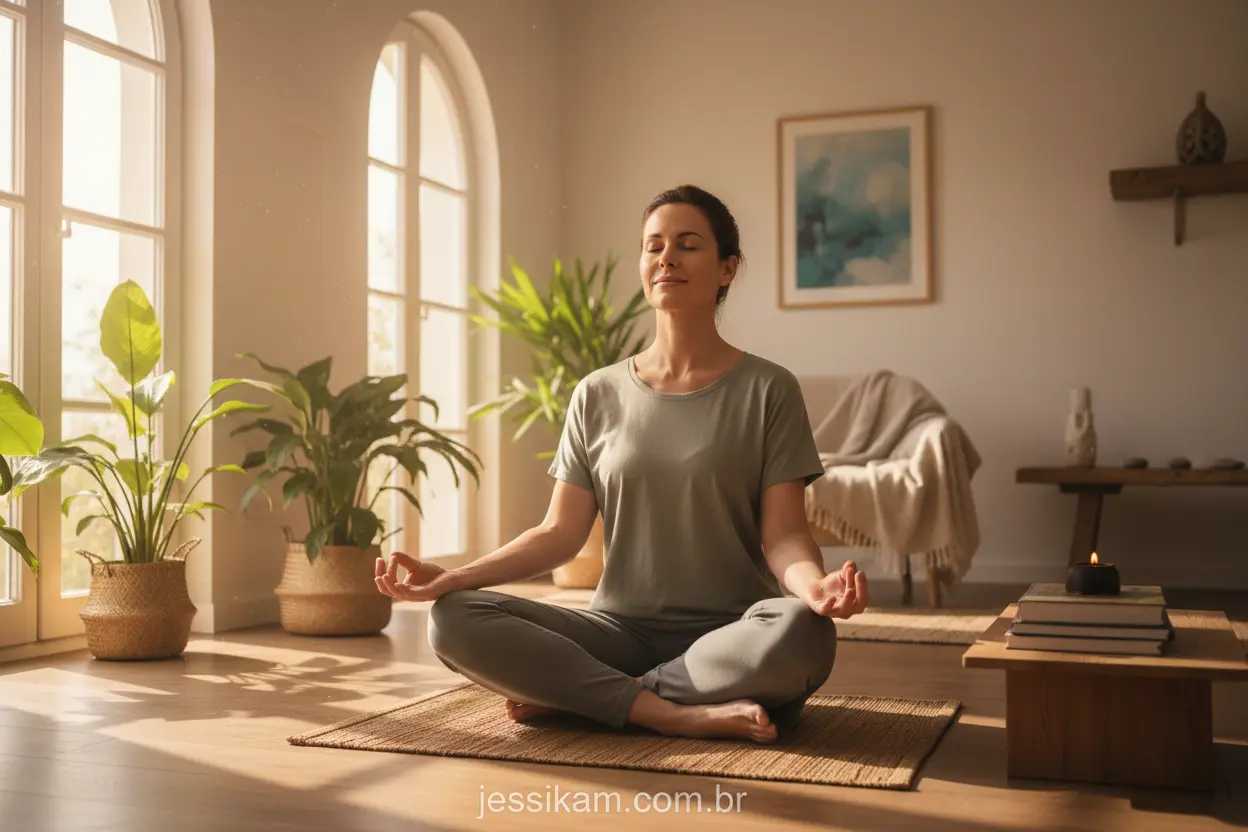 Mulher meditando em casa para perder a pochete
