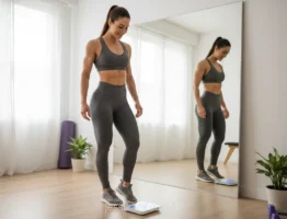 Mulher confiante olhando para a balança e para si mesma no espelho.