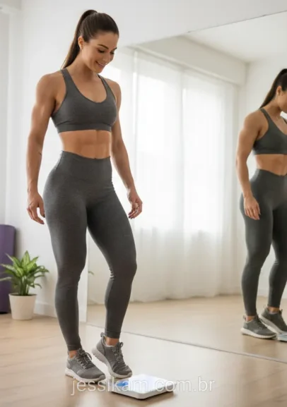 Mulher confiante olhando para a balança e para si mesma no espelho.