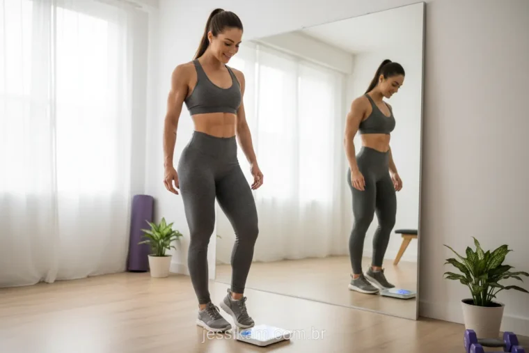 Mulher confiante olhando para a balança e para si mesma no espelho.