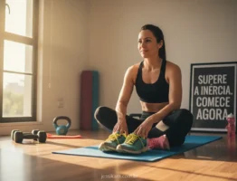 Mulher sentada no tapete de yoga, pronta para treinar