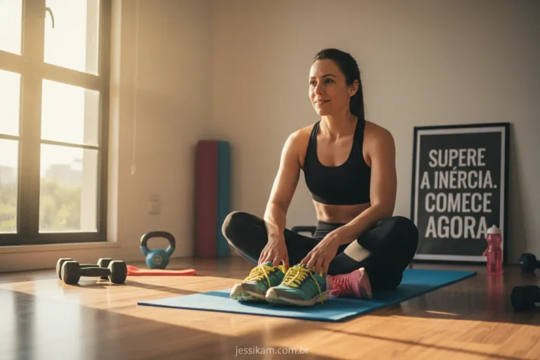 Mulher sentada no tapete de yoga, pronta para treinar