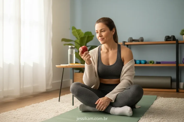 Mulher em casa superando a ansiedade e compulsão alimentar.
