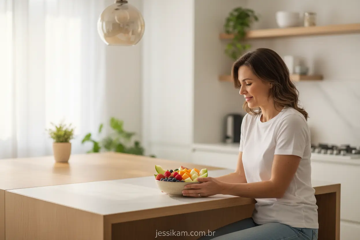 Mulher comendo frutas com atenção plena em casa.