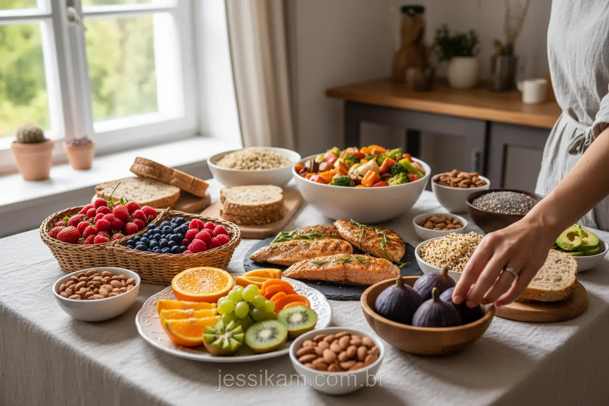 Mesa com alimentos saudáveis e coloridos, simbolizando alimentação consciente.