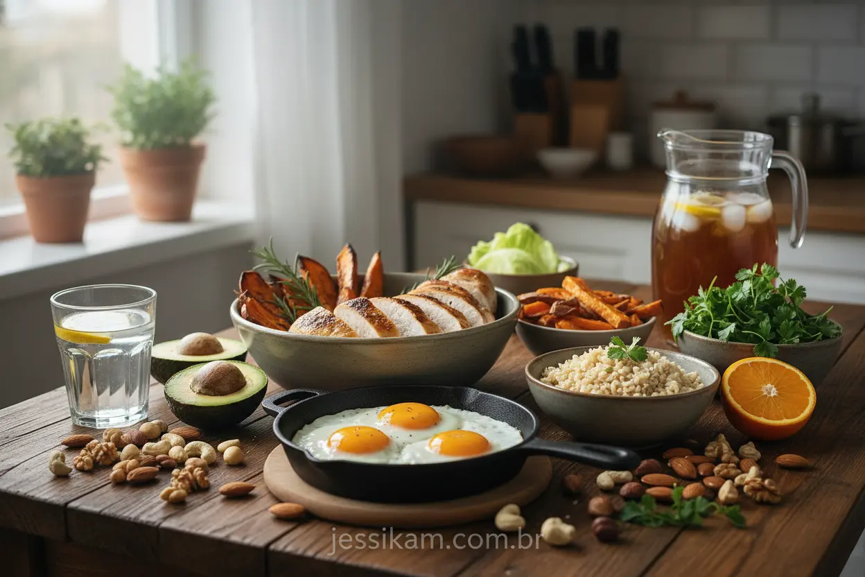 Dieta para ectomorfo feminino com alimentos ricos em nutrientes.