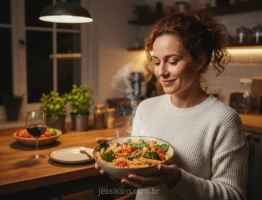 Mulher comendo carboidrato à noite sem culpa.