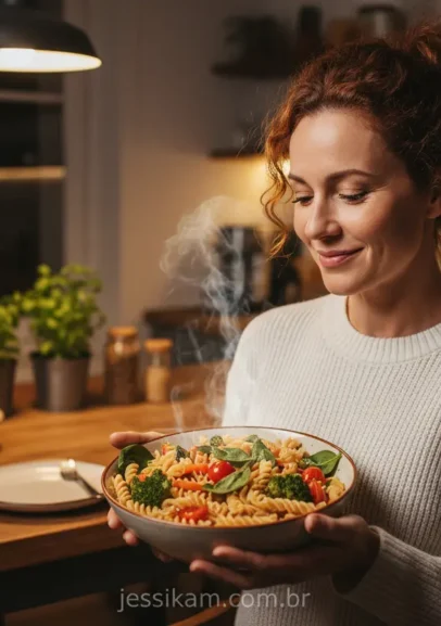 Mulher comendo carboidrato à noite sem culpa.
