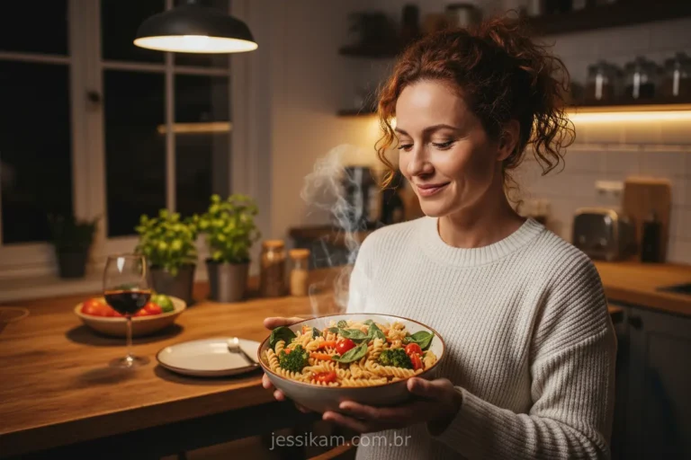 Mulher comendo carboidrato à noite sem culpa.
