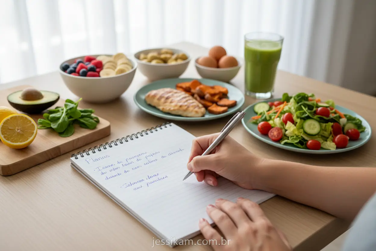 Mãos femininas escrevendo diário alimentar