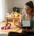 Mulher com diário alimentar e pesos leves