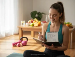 Mulher com diário alimentar e pesos leves