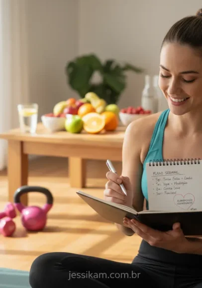 Mulher com diário alimentar e pesos leves
